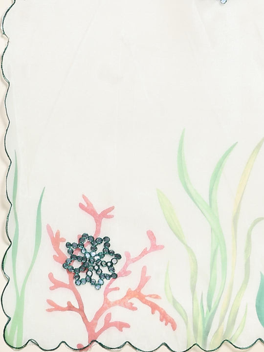 White Digital Printed Organza Saree With Satin Green Blouse Piece