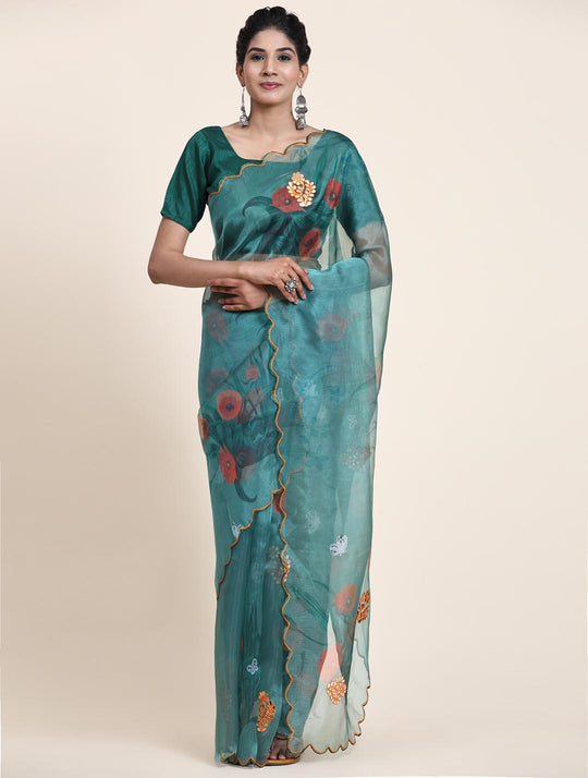 Green Digital Printed Organza Saree With Satin Green Blouse Piece