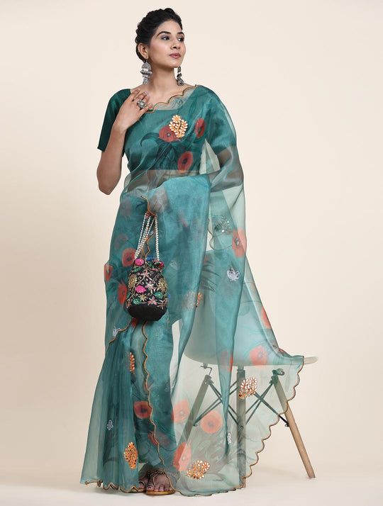 Green Digital Printed Organza Saree With Satin Green Blouse Piece