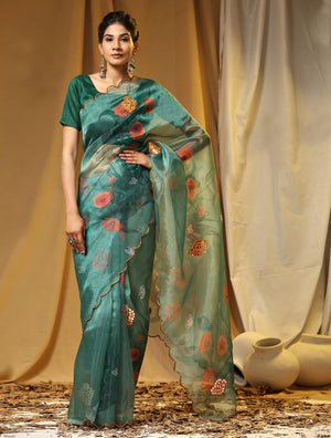 Green Digital Printed Organza Saree With Satin Green Blouse Piece
