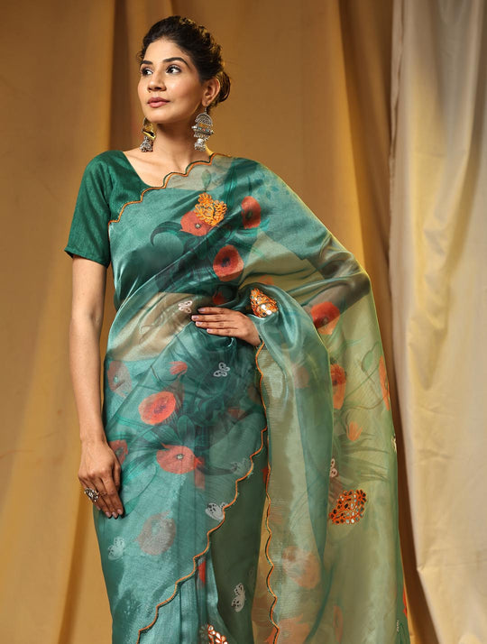 Green Digital Printed Organza Saree With Satin Green Blouse Piece