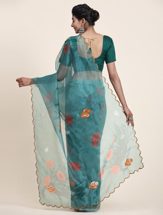 Green Digital Printed Organza Saree With Satin Green Blouse Piece