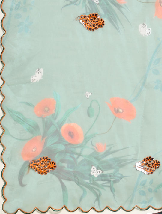 Green Digital Printed Organza Saree With Satin Green Blouse Piece