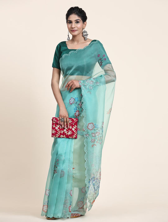 Green Digital Printed Organza Saree With Satin Green Blouse Piece