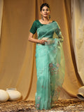 Green Digital Printed Organza Saree With Satin Green Blouse Piece