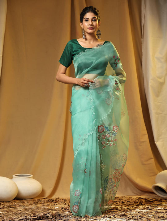 Green Digital Printed Organza Saree With Satin Green Blouse Piece