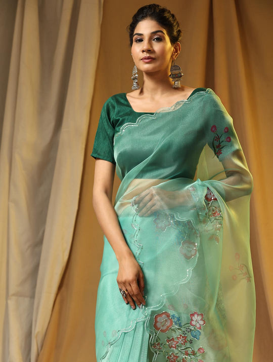 Green Digital Printed Organza Saree With Satin Green Blouse Piece