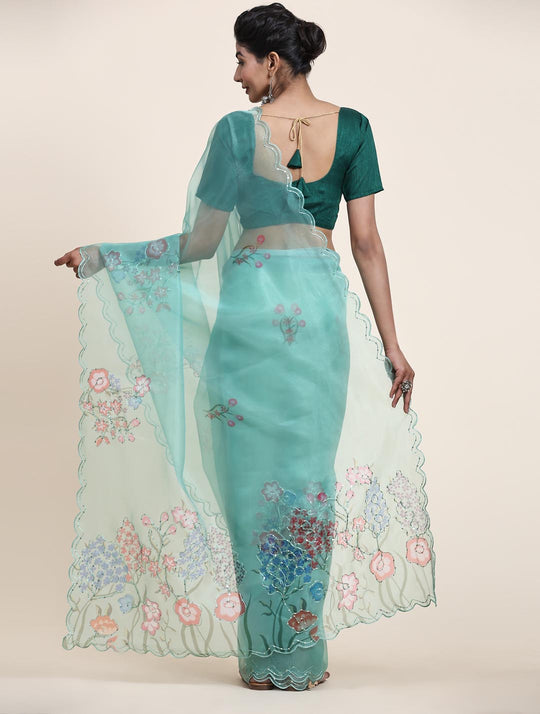 Green Digital Printed Organza Saree With Satin Green Blouse Piece