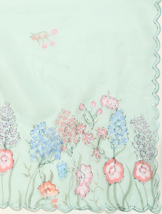 Green Digital Printed Organza Saree With Satin Green Blouse Piece