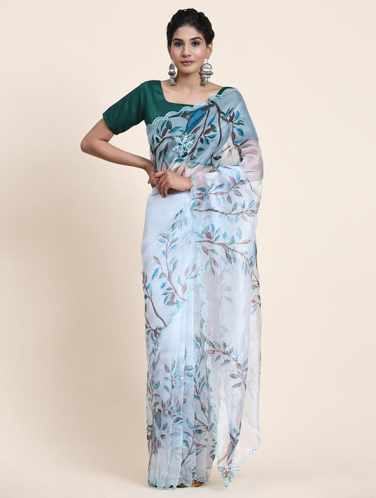 White Digital Printed Organza Saree With Satin Green Blouse Piece