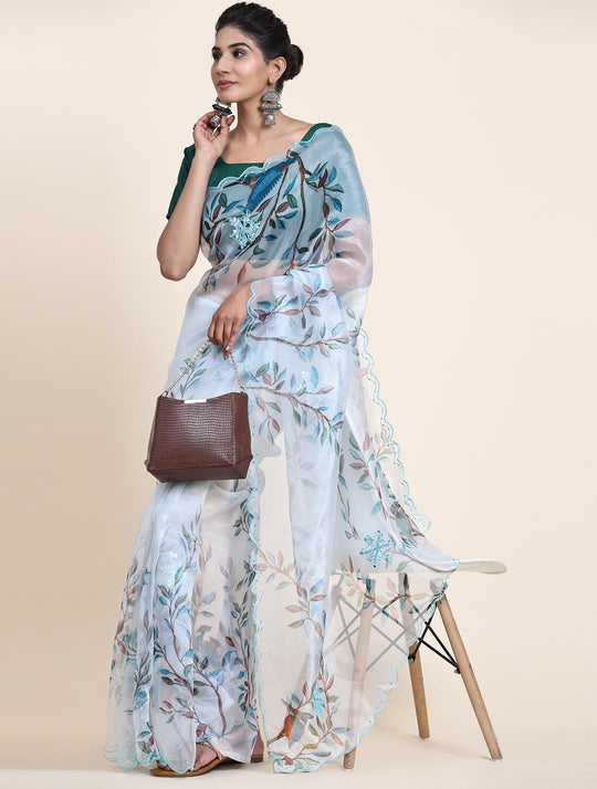 White Digital Printed Organza Saree With Satin Green Blouse Piece