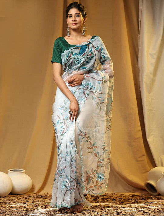 White Digital Printed Organza Saree With Satin Green Blouse Piece