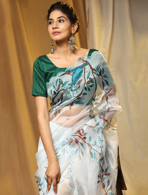 White Digital Printed Organza Saree With Satin Green Blouse Piece
