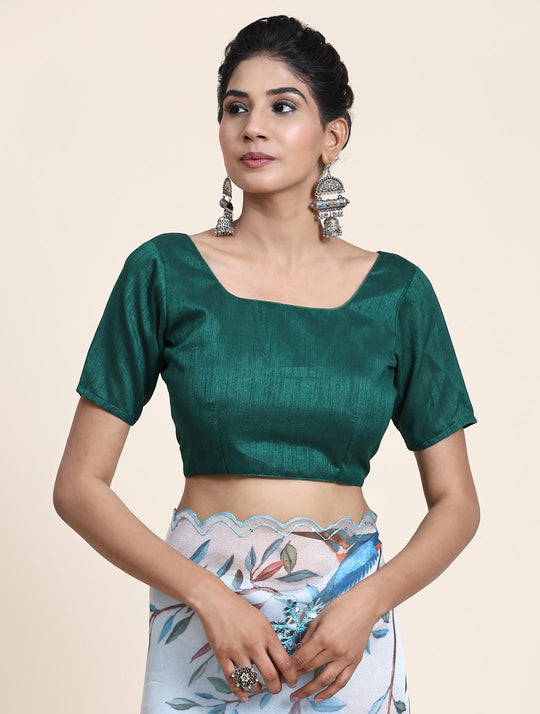 White Digital Printed Organza Saree With Satin Green Blouse Piece