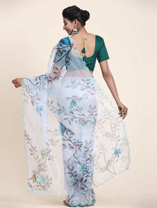 White Digital Printed Organza Saree With Satin Green Blouse Piece
