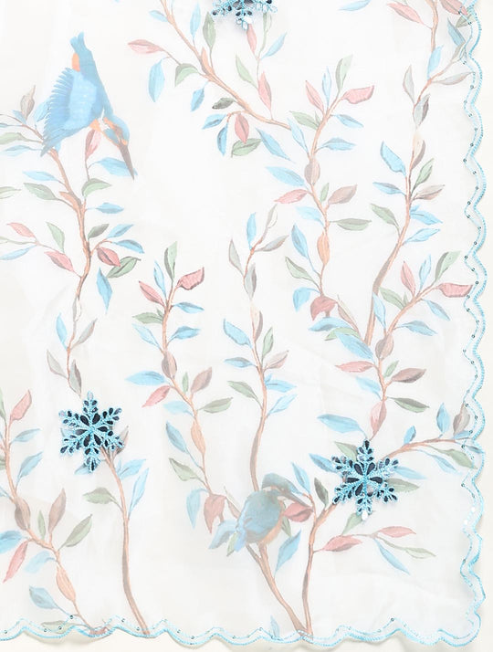 White Digital Printed Organza Saree With Satin Green Blouse Piece