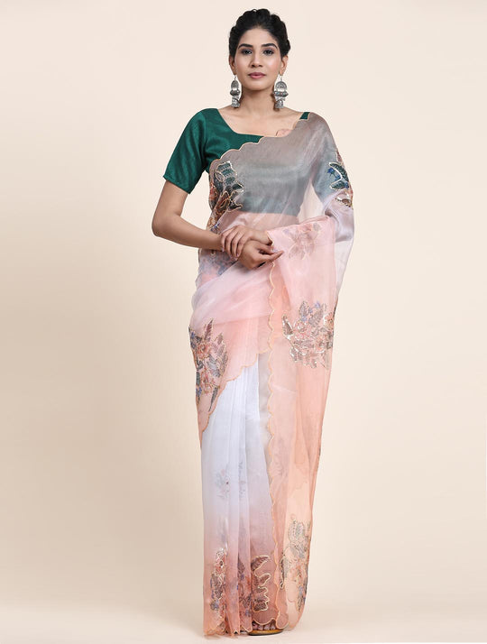 Peach Digital Printed Organza Saree With Satin Green Blouse Piece