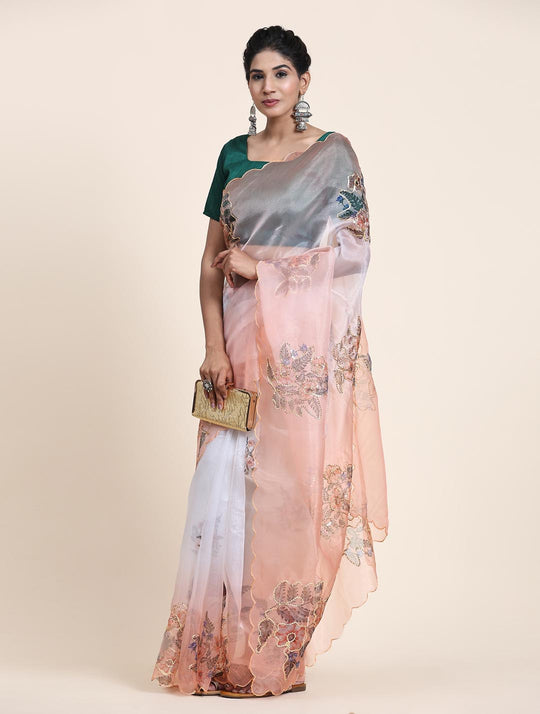 Peach Digital Printed Organza Saree With Satin Green Blouse Piece