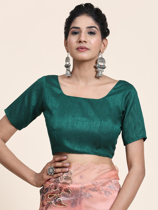 Peach Digital Printed Organza Saree With Satin Green Blouse Piece