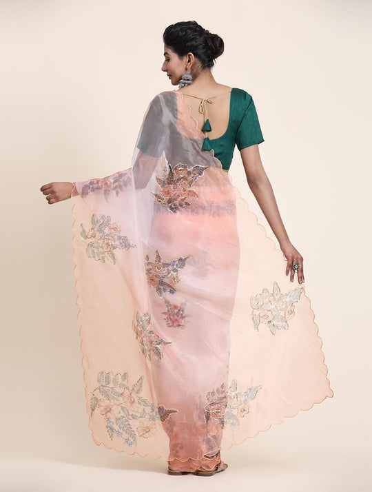 Peach Digital Printed Organza Saree With Satin Green Blouse Piece