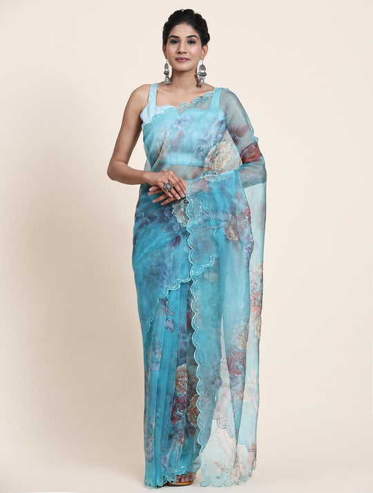 Sky Blue Digital Printed Organza Saree With Satin Sky Blue Blouse Piece