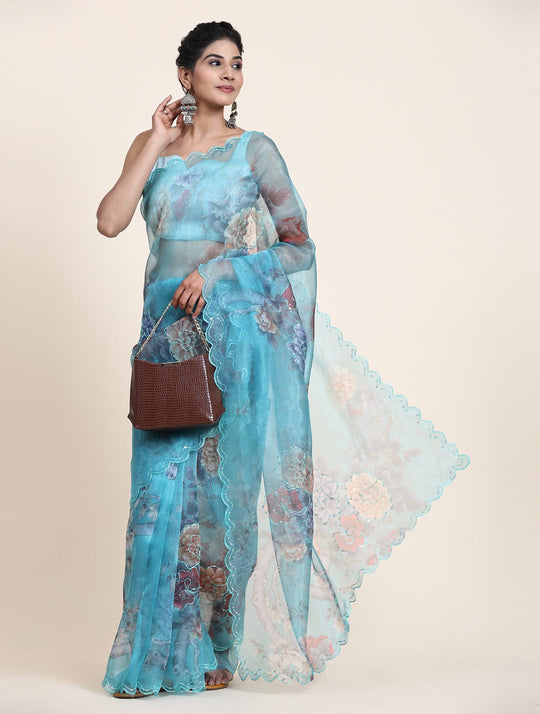 Sky Blue Digital Printed Organza Saree With Satin Sky Blue Blouse Piece