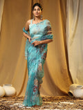 Sky Blue Digital Printed Organza Saree With Satin Sky Blue Blouse Piece
