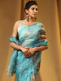Sky Blue Digital Printed Organza Saree With Satin Sky Blue Blouse Piece