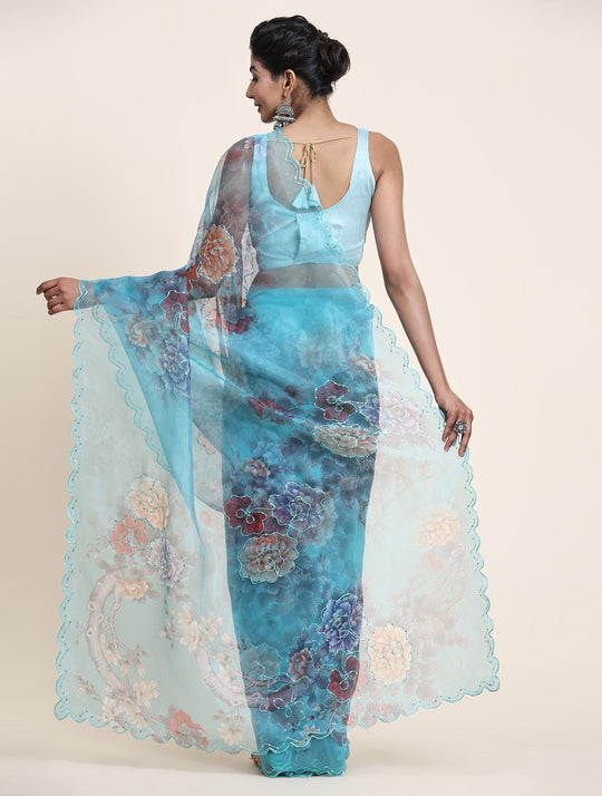 Sky Blue Digital Printed Organza Saree With Satin Sky Blue Blouse Piece