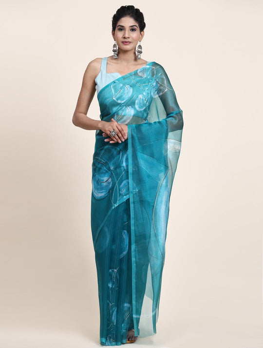 Teal Green Digital Printed Organza Saree With Satin Sky Blue Blouse Piece