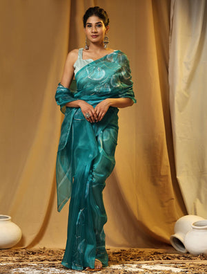 Teal Green Digital Printed Organza Saree With Satin Sky Blue Blouse Piece
