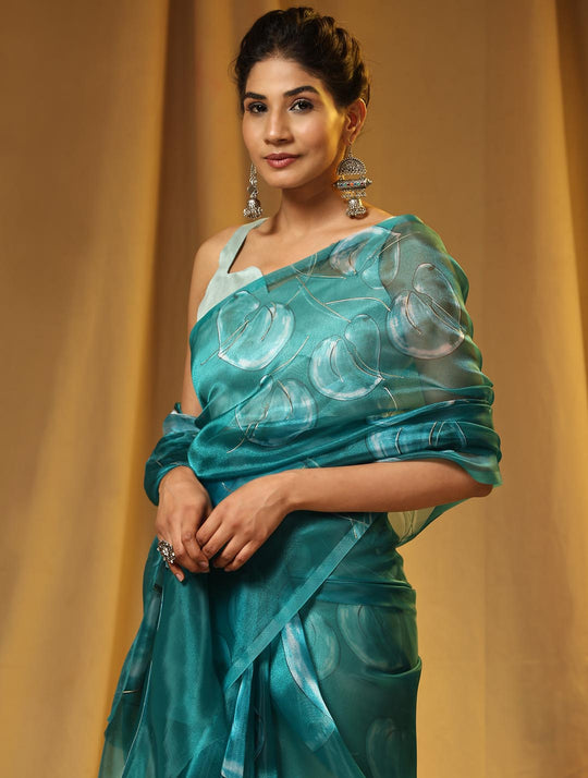 Teal Green Digital Printed Organza Saree With Satin Sky Blue Blouse Piece