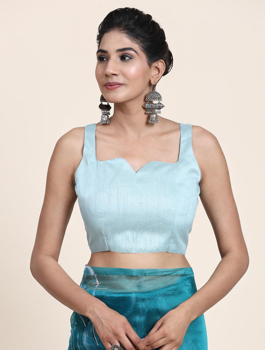 Teal Green Digital Printed Organza Saree With Satin Sky Blue Blouse Piece