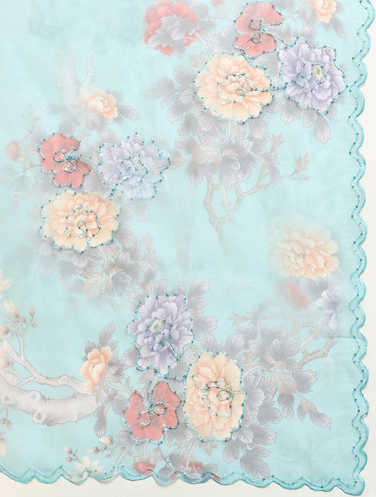 Sky Blue Digital Printed Organza Saree With Satin Sky Blue Blouse Piece