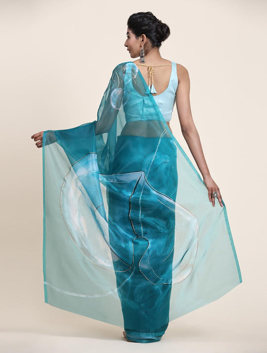 Teal Green Digital Printed Organza Saree With Satin Sky Blue Blouse Piece