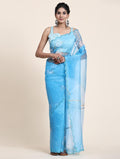 Sky Blue Digital Printed Organza Saree With Satin Sky Blue Blouse Piece