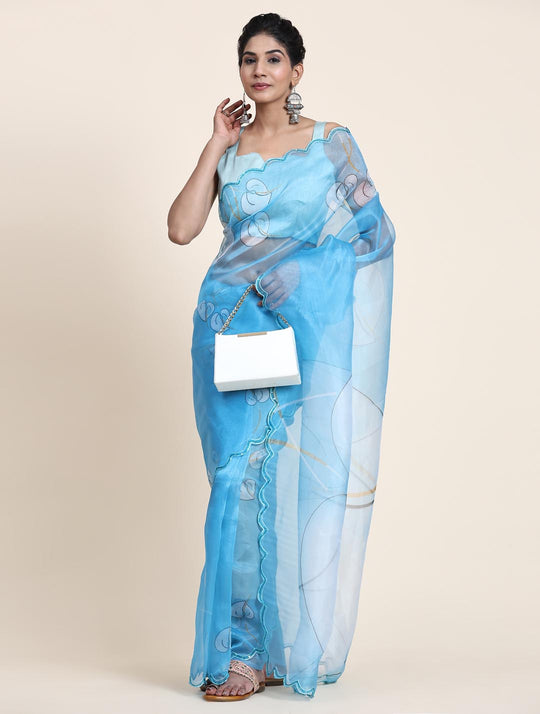 Sky Blue Digital Printed Organza Saree With Satin Sky Blue Blouse Piece
