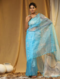 Sky Blue Digital Printed Organza Saree With Satin Sky Blue Blouse Piece