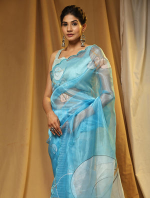 Sky Blue Digital Printed Organza Saree With Satin Sky Blue Blouse Piece