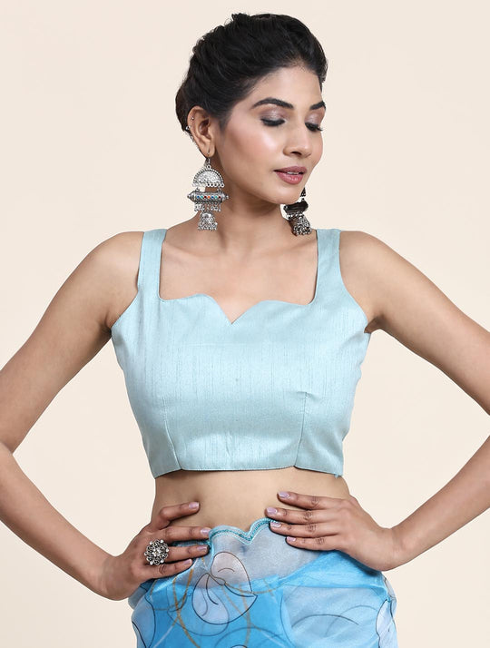 Sky Blue Digital Printed Organza Saree With Satin Sky Blue Blouse Piece