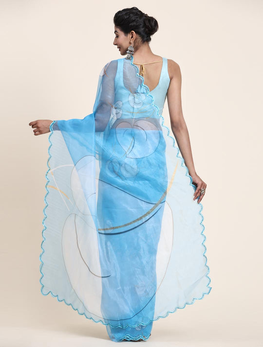 Sky Blue Digital Printed Organza Saree With Satin Sky Blue Blouse Piece