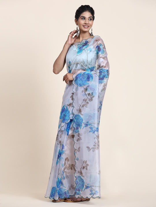 White Digital Printed Organza Saree With Satin Sky Blue Blouse Piece