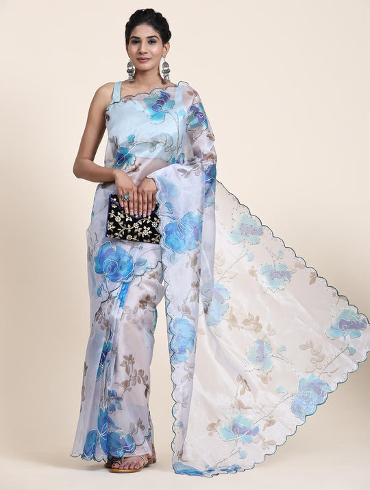White Digital Printed Organza Saree With Satin Sky Blue Blouse Piece