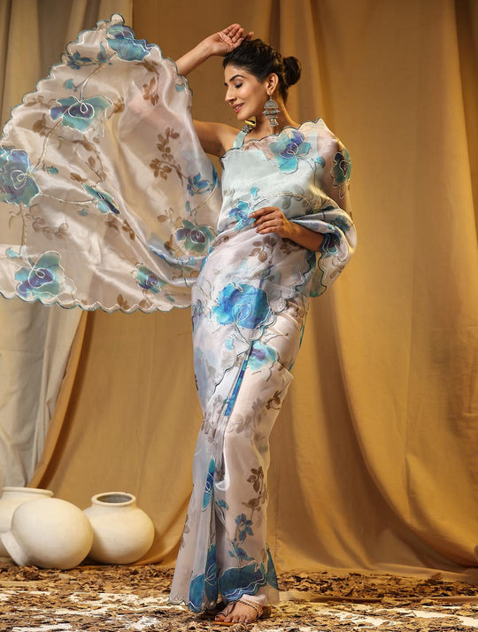 White Digital Printed Organza Saree With Satin Sky Blue Blouse Piece