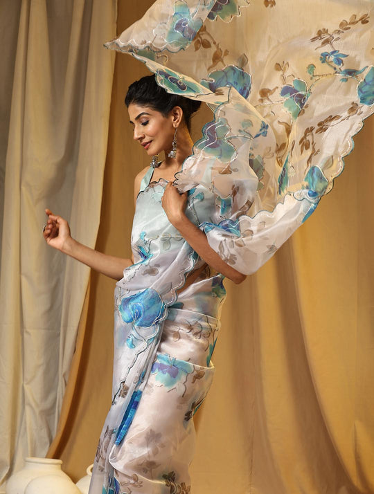 White Digital Printed Organza Saree With Satin Sky Blue Blouse Piece