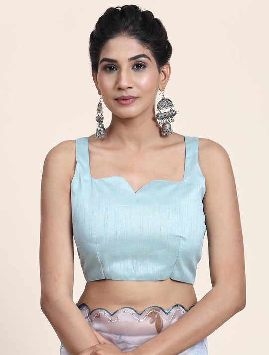 White Digital Printed Organza Saree With Satin Sky Blue Blouse Piece