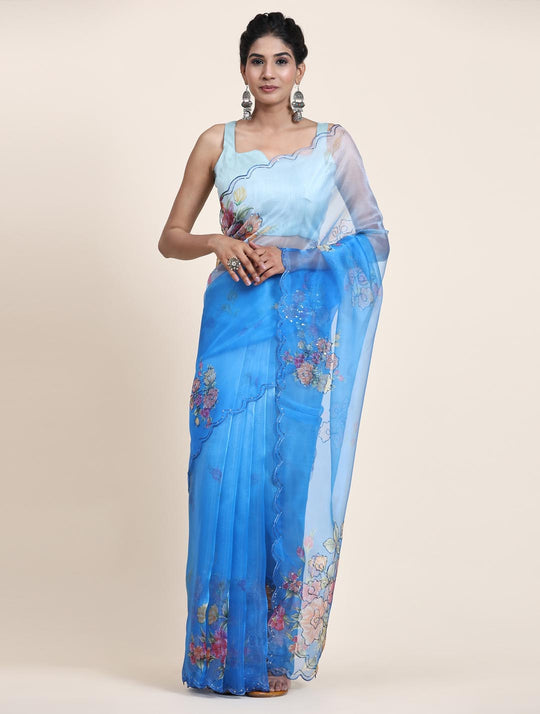 Blue & White Digital Printed Organza Saree With Satin Sky Blue Blouse Piece