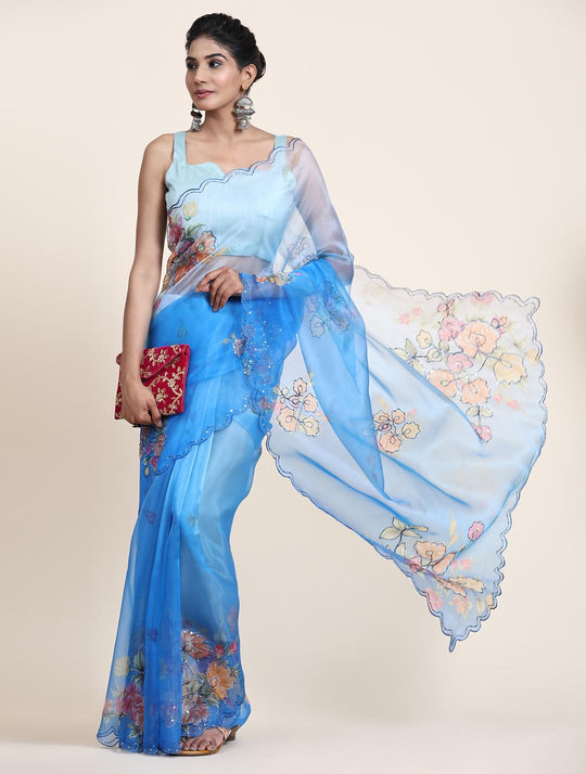 Blue & White Digital Printed Organza Saree With Satin Sky Blue Blouse Piece