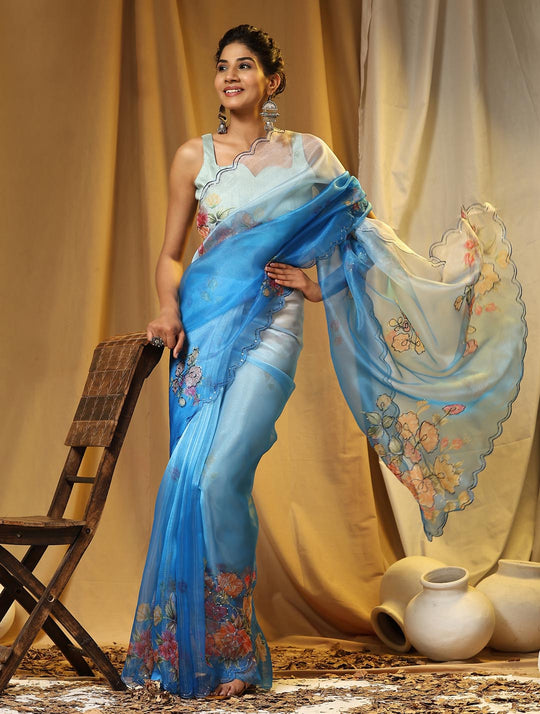 Blue & White Digital Printed Organza Saree With Satin Sky Blue Blouse Piece