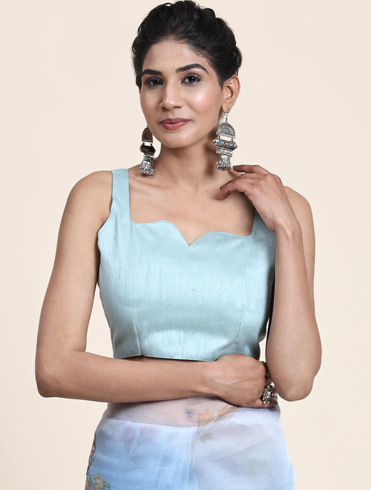 Blue & White Digital Printed Organza Saree With Satin Sky Blue Blouse Piece
